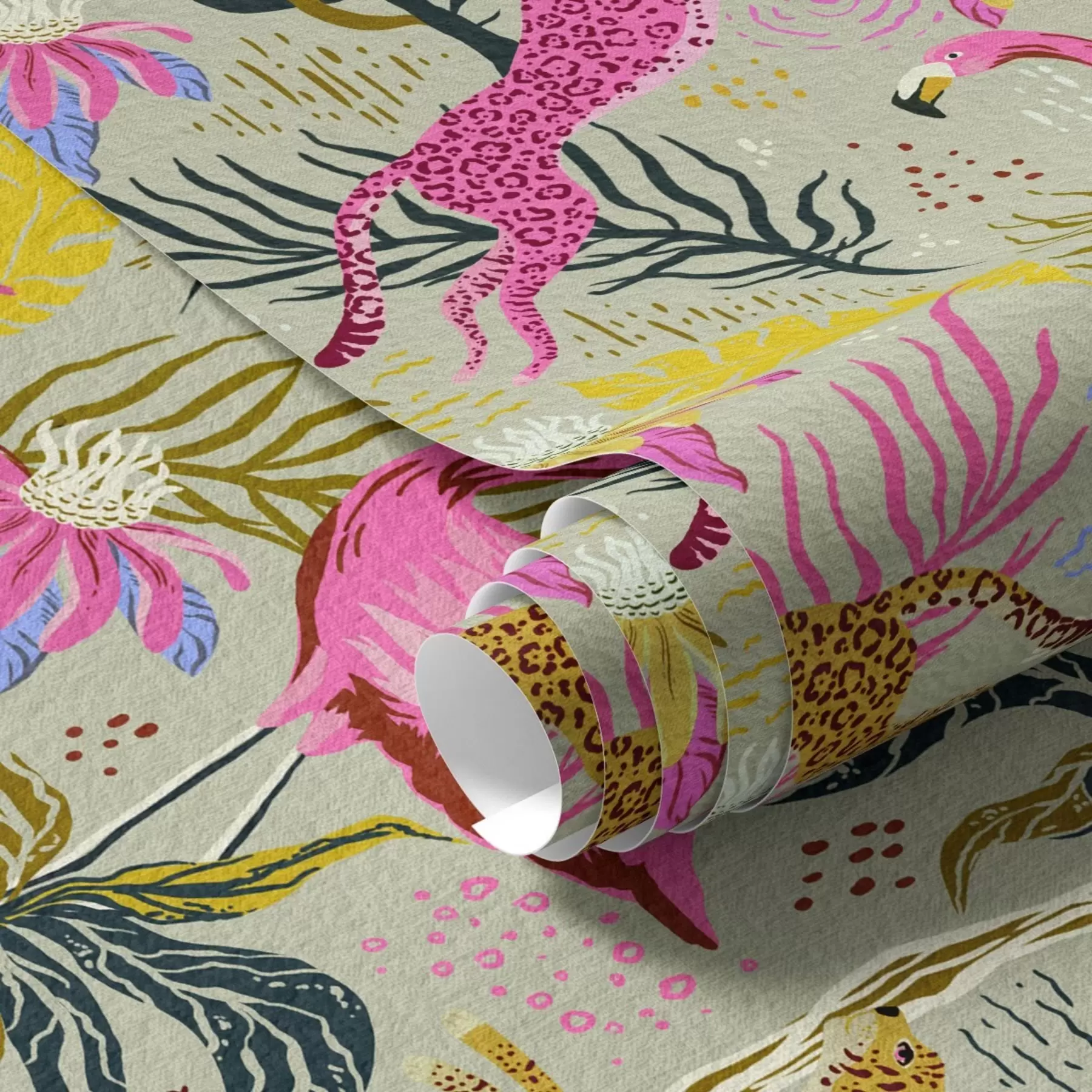 Murale Flamants roses et léopards parmi les plantes tropicales a00470