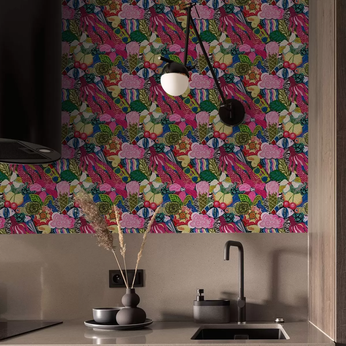 Tapete Abstrakte Pop-Art mit Blumen, Beeren und Mustern a00471