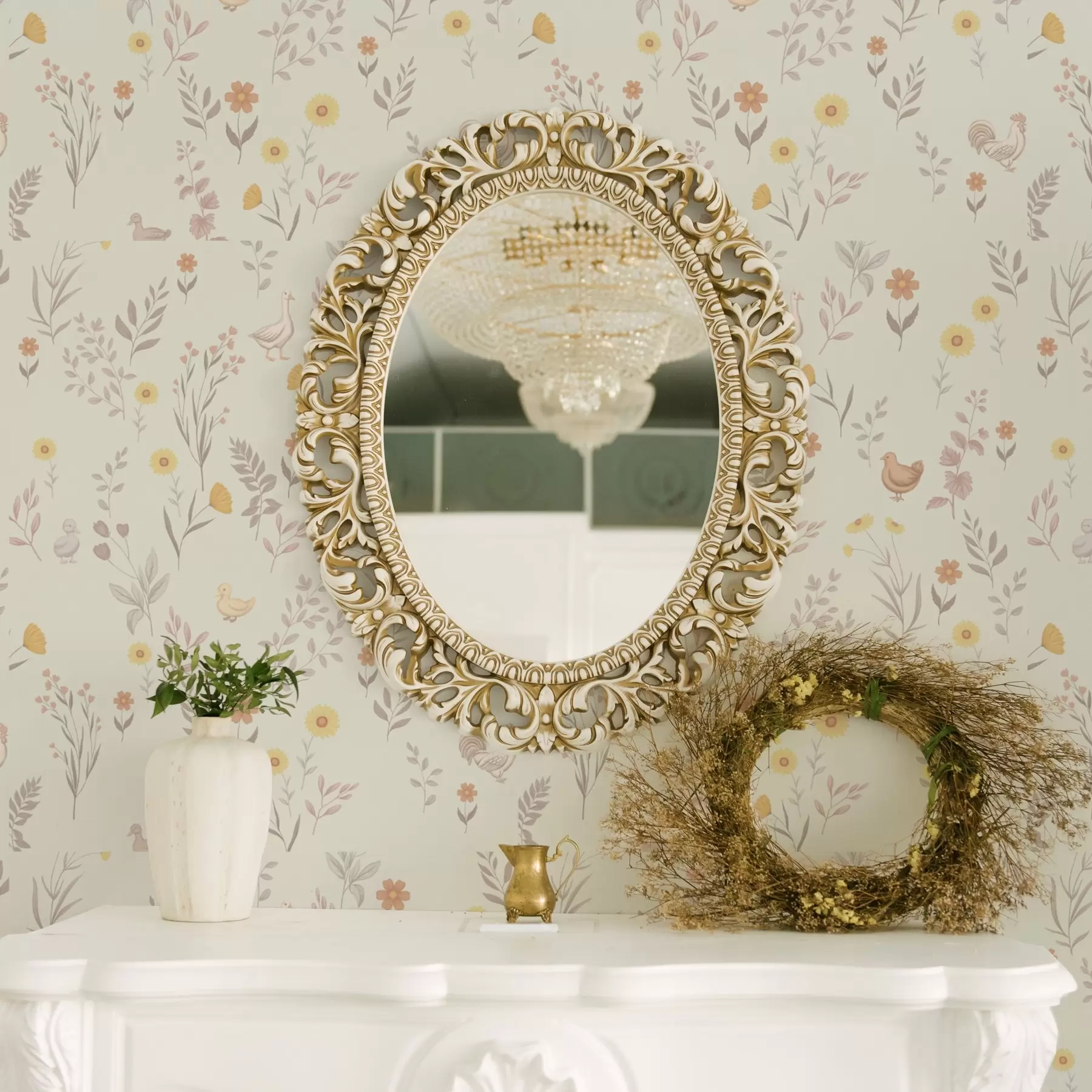 fototapeter Markblomster og høns i bløde pastelfarver a00478