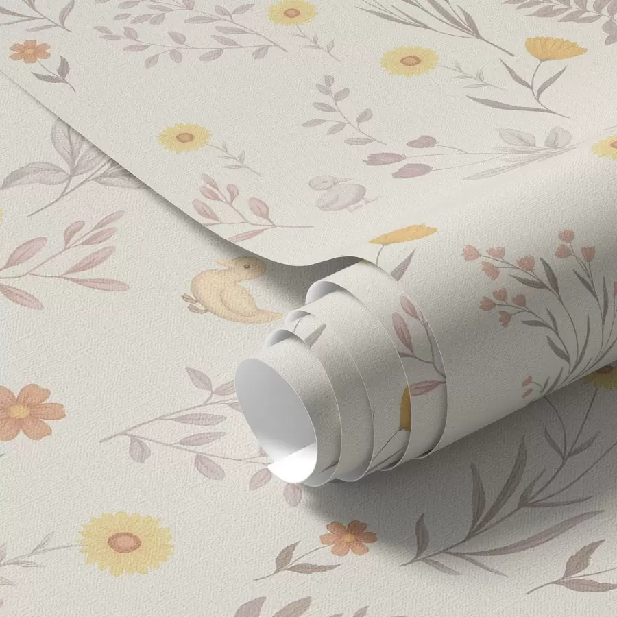 fototapeter Markblomster og høns i bløde pastelfarver a00478