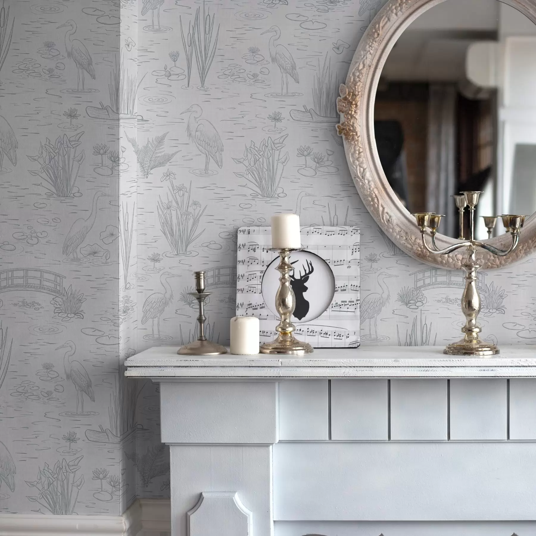 fototapeter Tegning af hejrer og vandplanter i rolige grå nuancer a00479