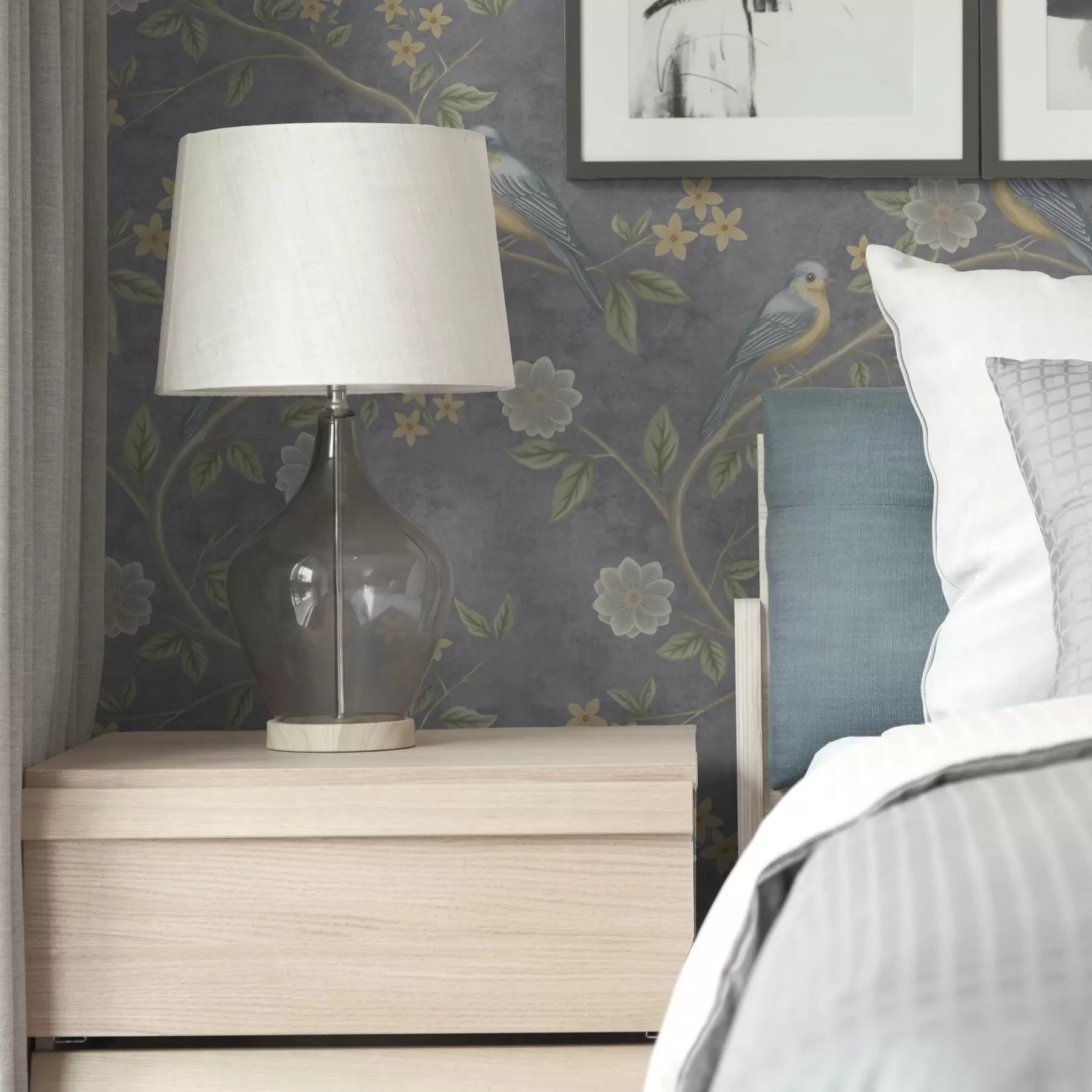 Fototapete Vögel auf Zweigen zwischen Blumen auf einem grauen Hintergrund a00483