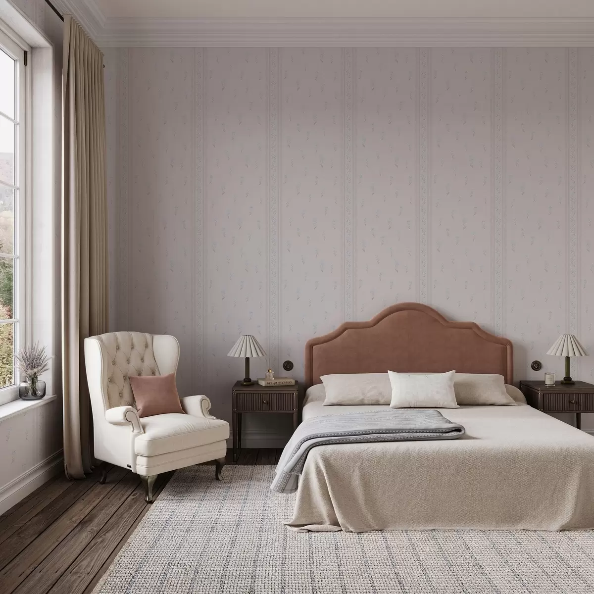 Tapete Rosa Hintergrund mit zarten blauen Blumen und Rand a00484