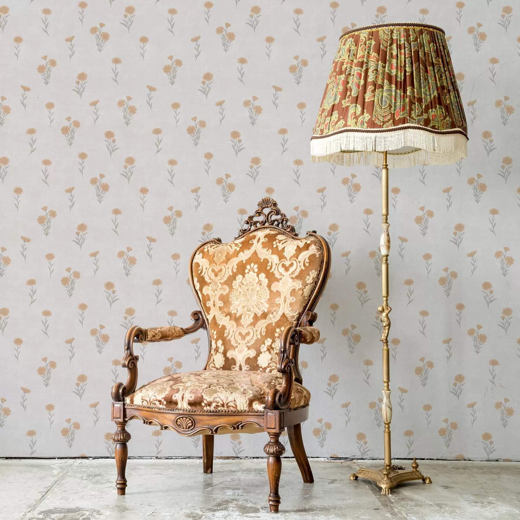 Fototapete Kleine orangefarbene Blumen auf einem hellgrauen Hintergrund a00486