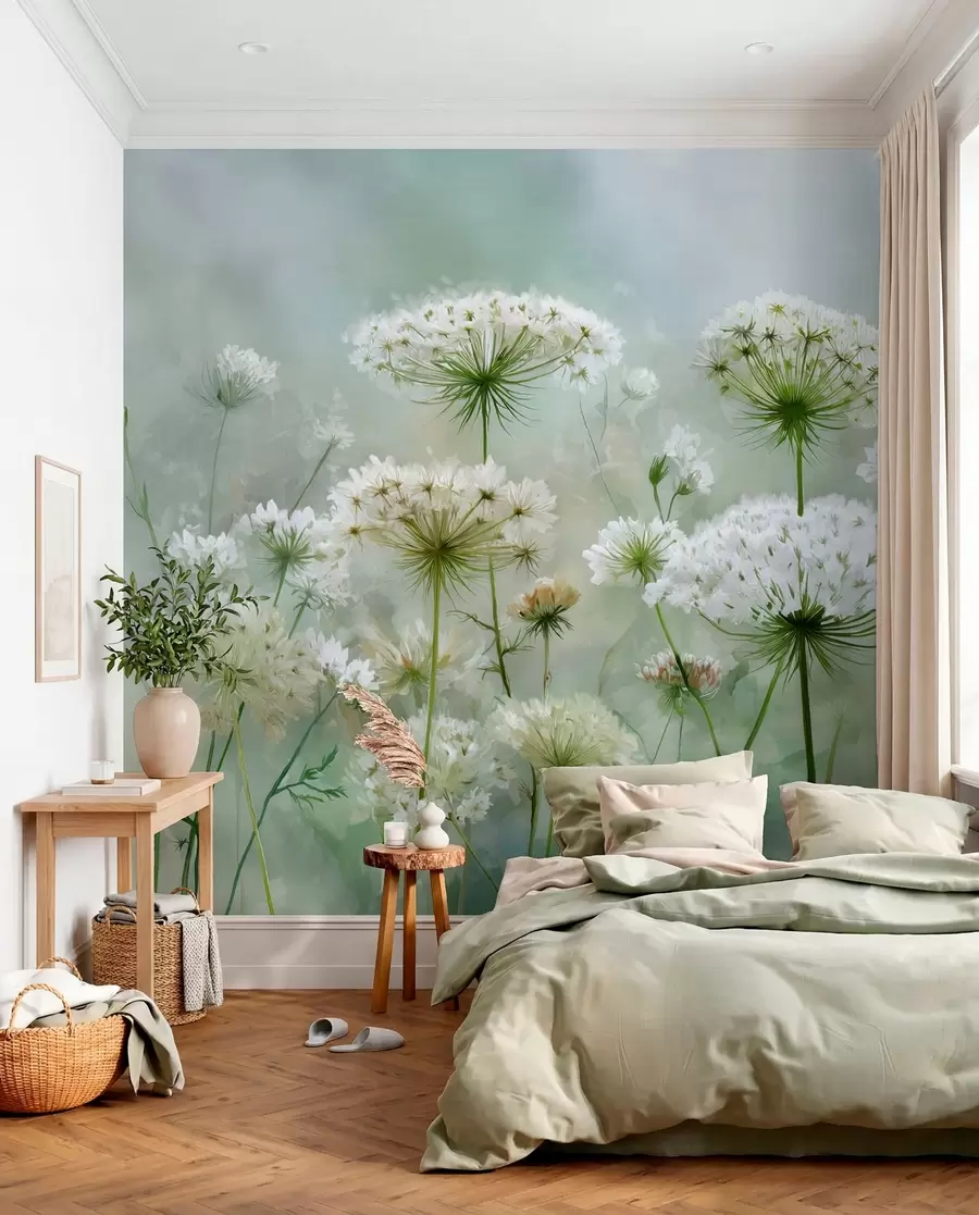 fototapeter sarte hvide vilde blomster Queen Anne, i en malerisk stil, grønne toner w04313