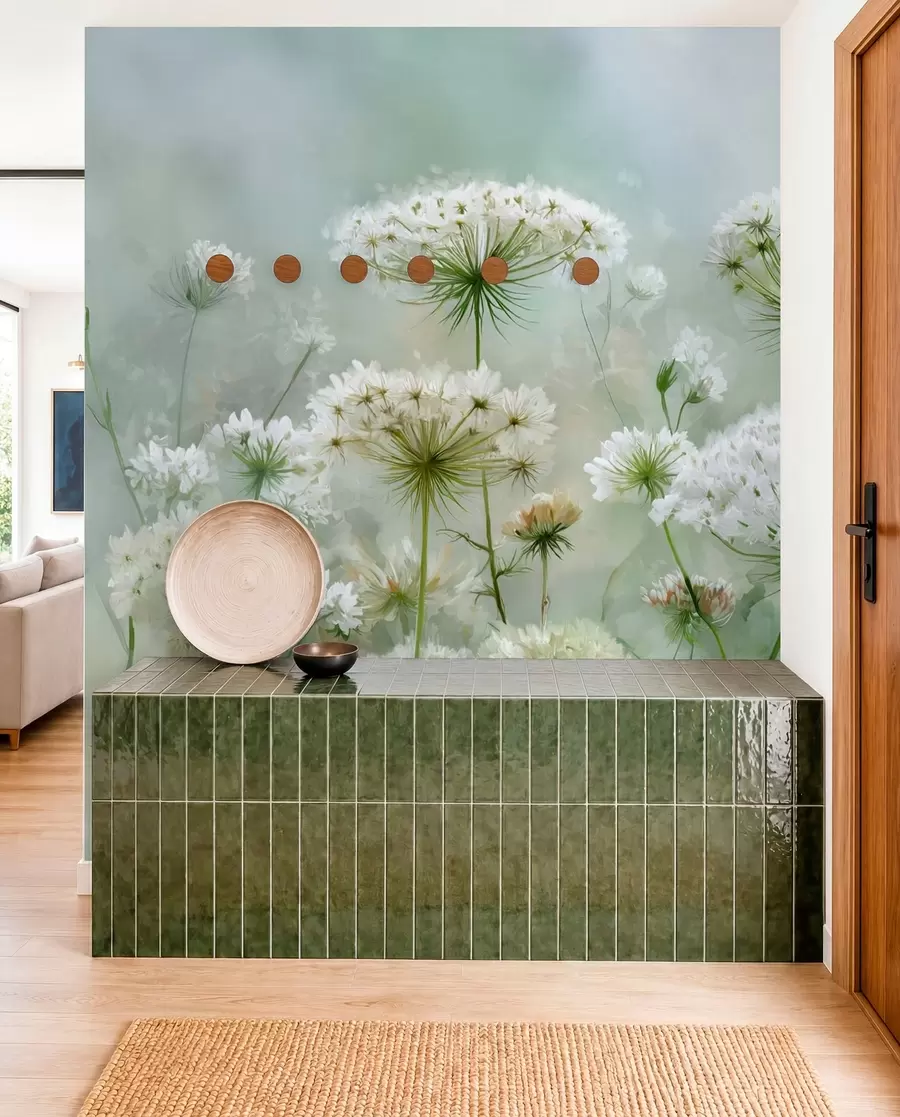 fototapeter sarte hvide vilde blomster Queen Anne, i en malerisk stil, grønne toner w04313