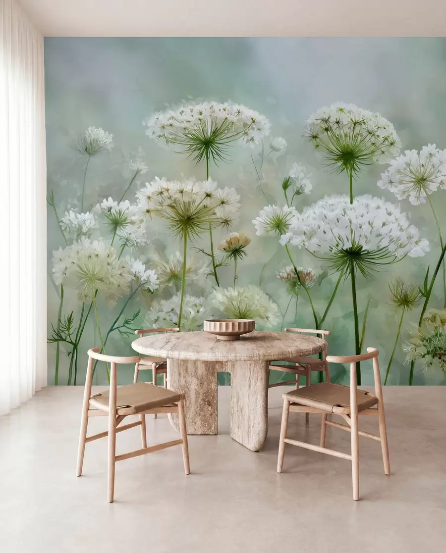 fototapeter sarte hvide vilde blomster Queen Anne, i en malerisk stil, grønne toner w04313