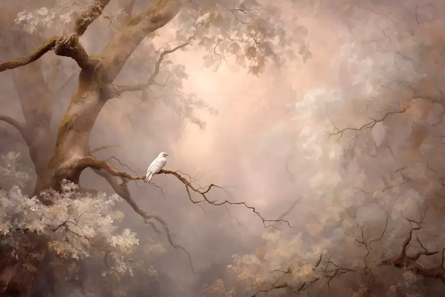 fototapeter mystisk skov med en hvid fugl w04314