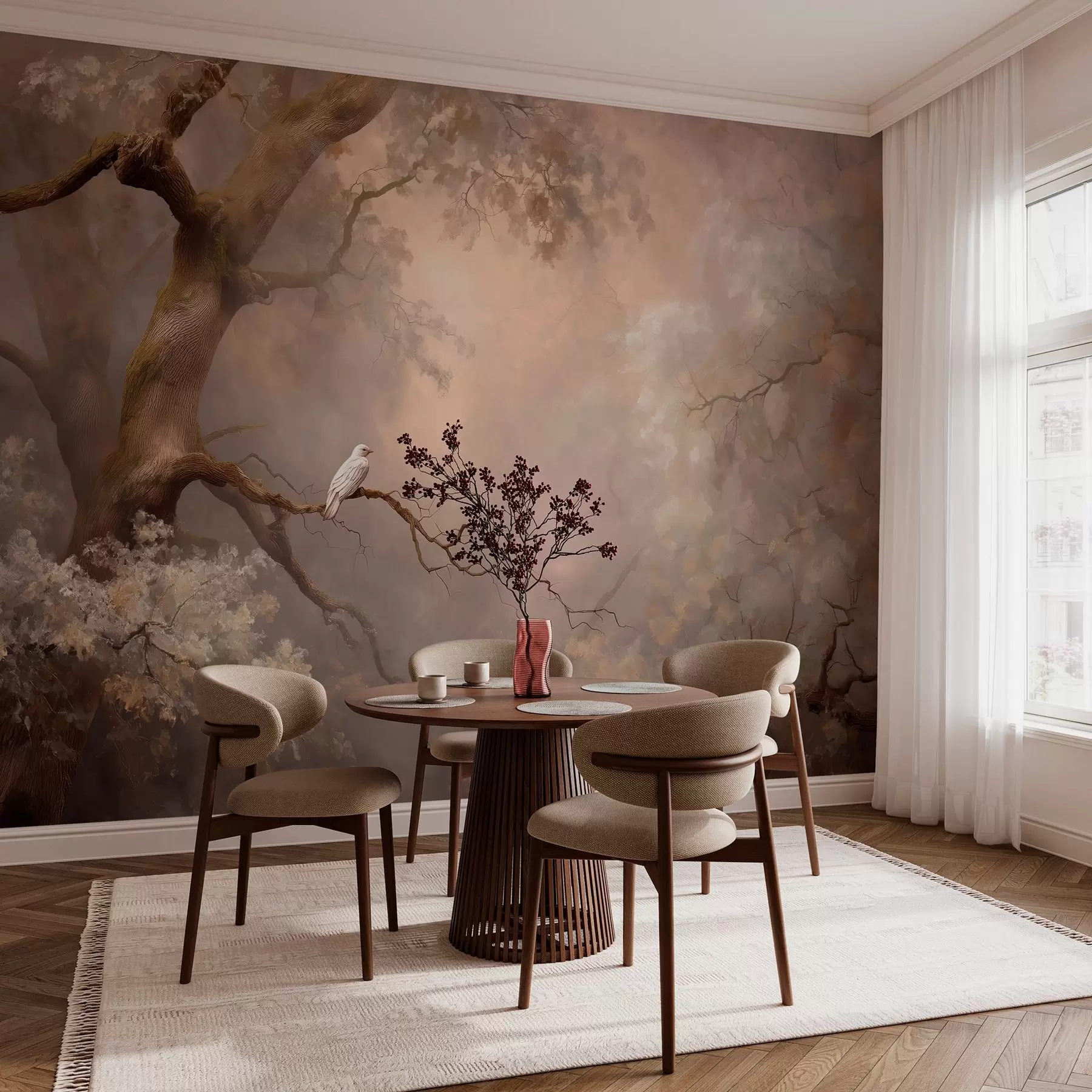 Murale forêt mystique avec un oiseau blanc w04314