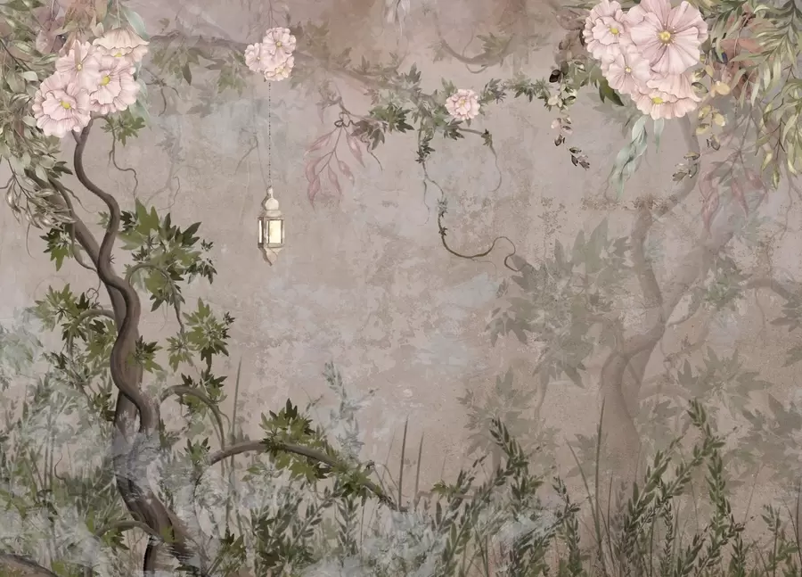Murale Jardin de fées avec fleurs, arbres et lanterne w04416