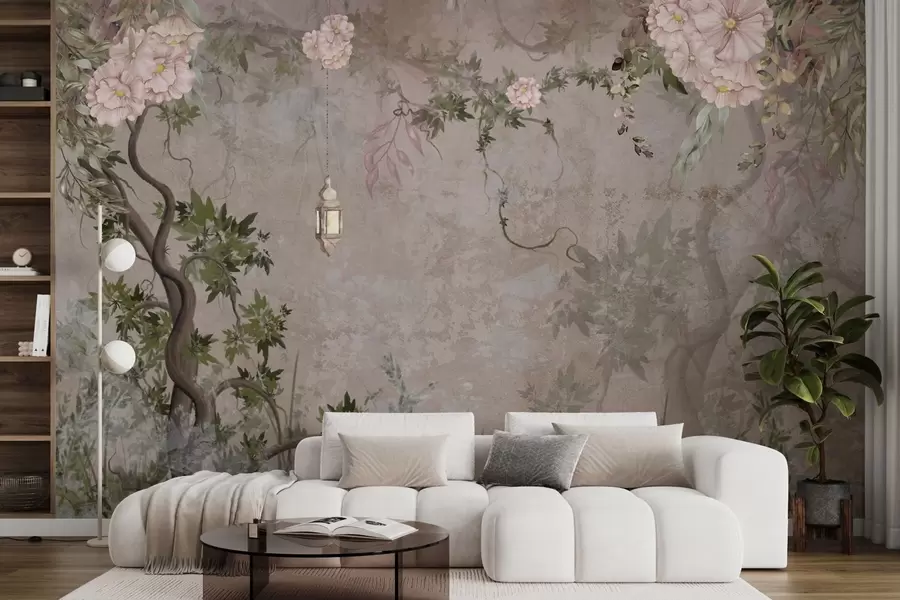 Fototapete Feengarten mit Blumen, Bäumen und Laterne w04416