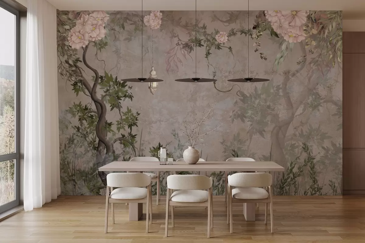 fototapeter Eventyrhave med blomster, træer og lanterne w04416