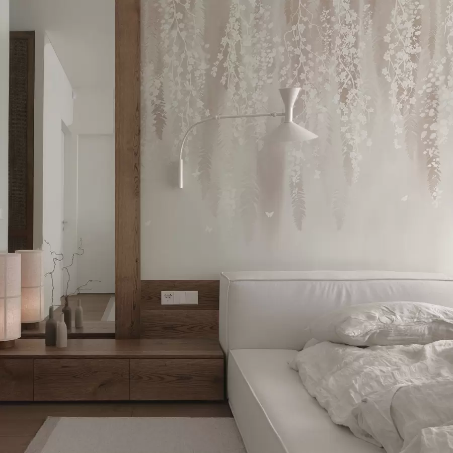 Fototapete Helle Zweige mit weißen Blüten auf sanftem Hintergrund w04417