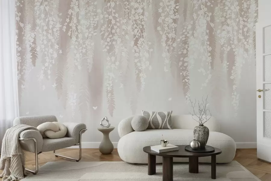 fototapeter Lyse grene med hvide blomster på en blid baggrund w04417