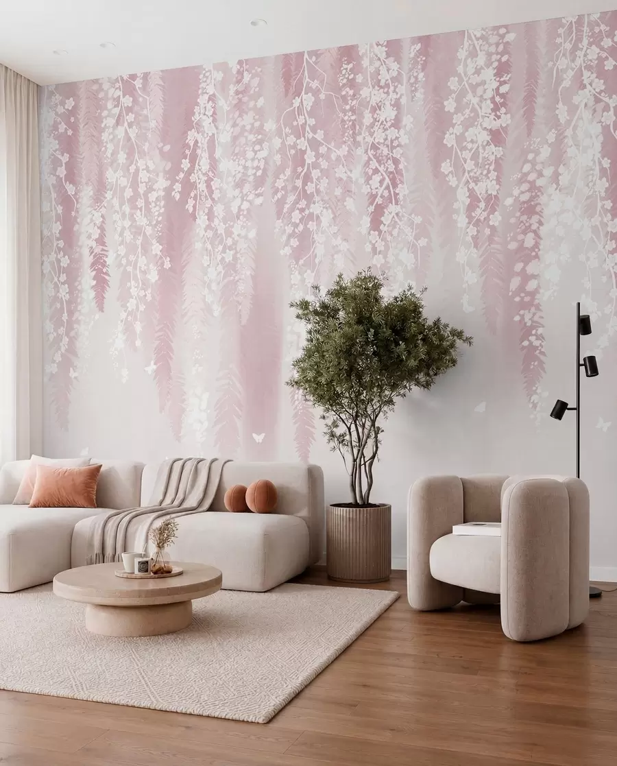 fototapeter Pink version af grene med hvide blomster w04417v1