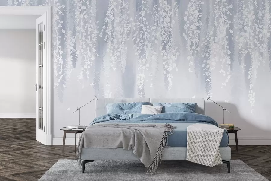 fototapeter Cool blå version af grene med hvide blomster w04417v2