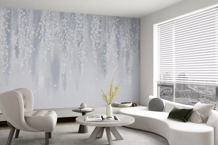 fototapeter Cool blå version af grene med hvide blomster w04417v2