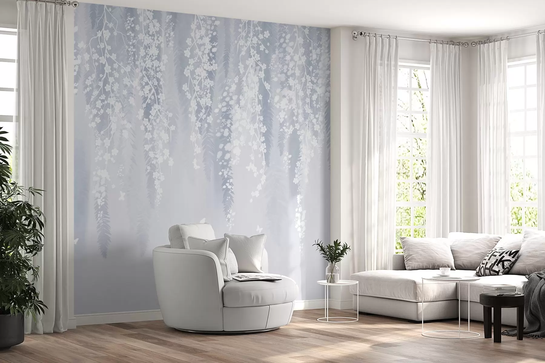 Murale Version bleue des branches avec des fleurs blanches w04417v2