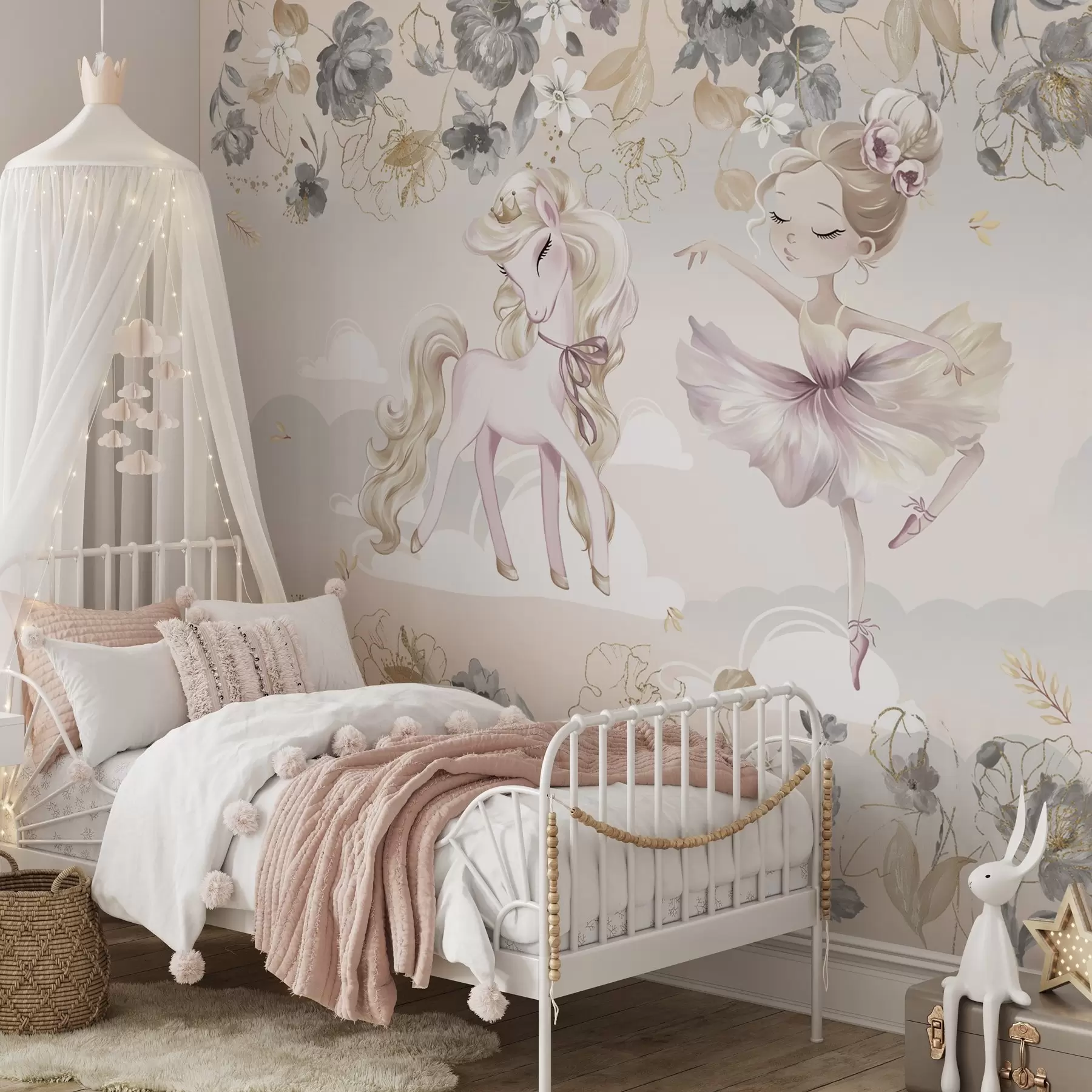 fototapeter Snehvid pony og ballerina blandt blomster og skyer w04419