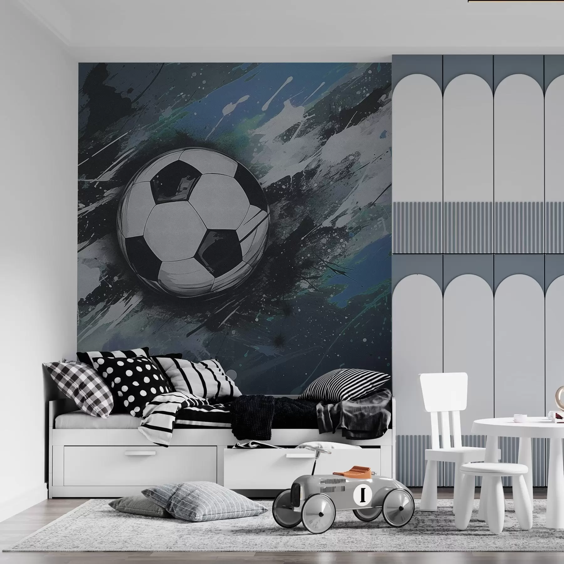 Murale Ballon de football avec graffiti flou en arrière-plan w04467v1