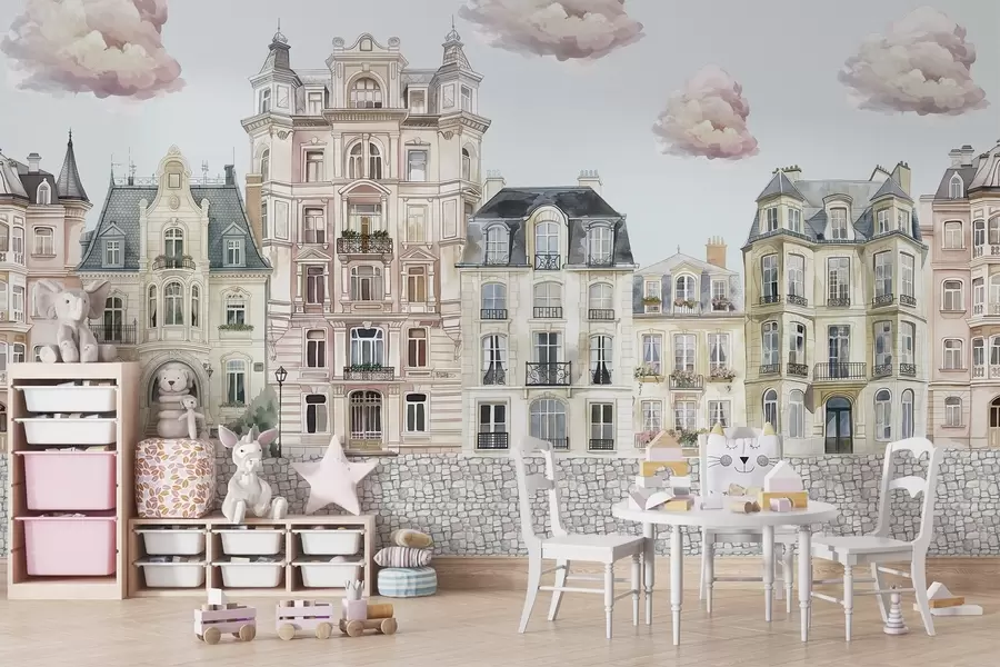 fototapeter Farverige huse, skyer w04474v1