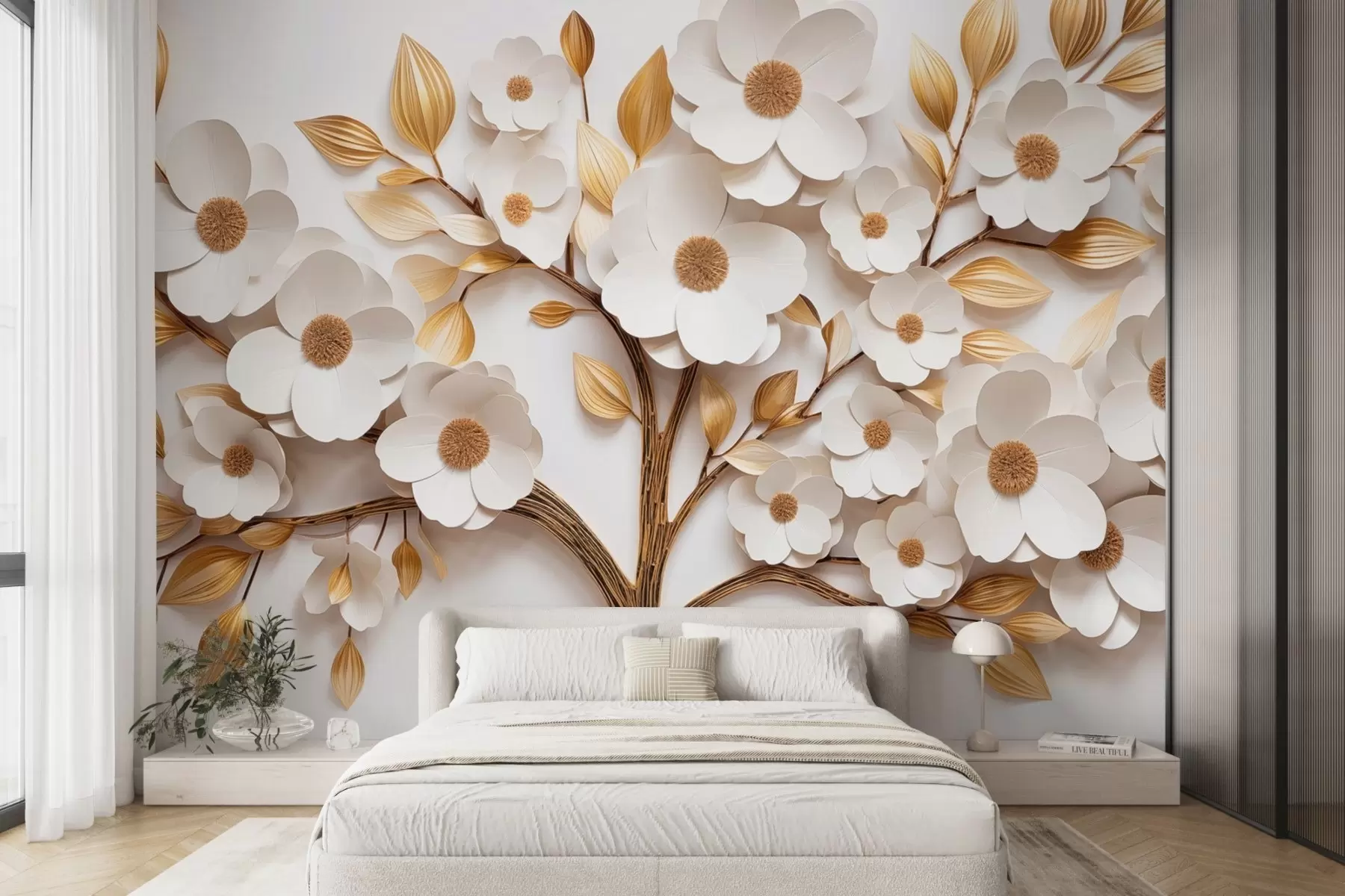 Murale Arbre avec fleurs blanches et imitation de feuilles en relief w09348