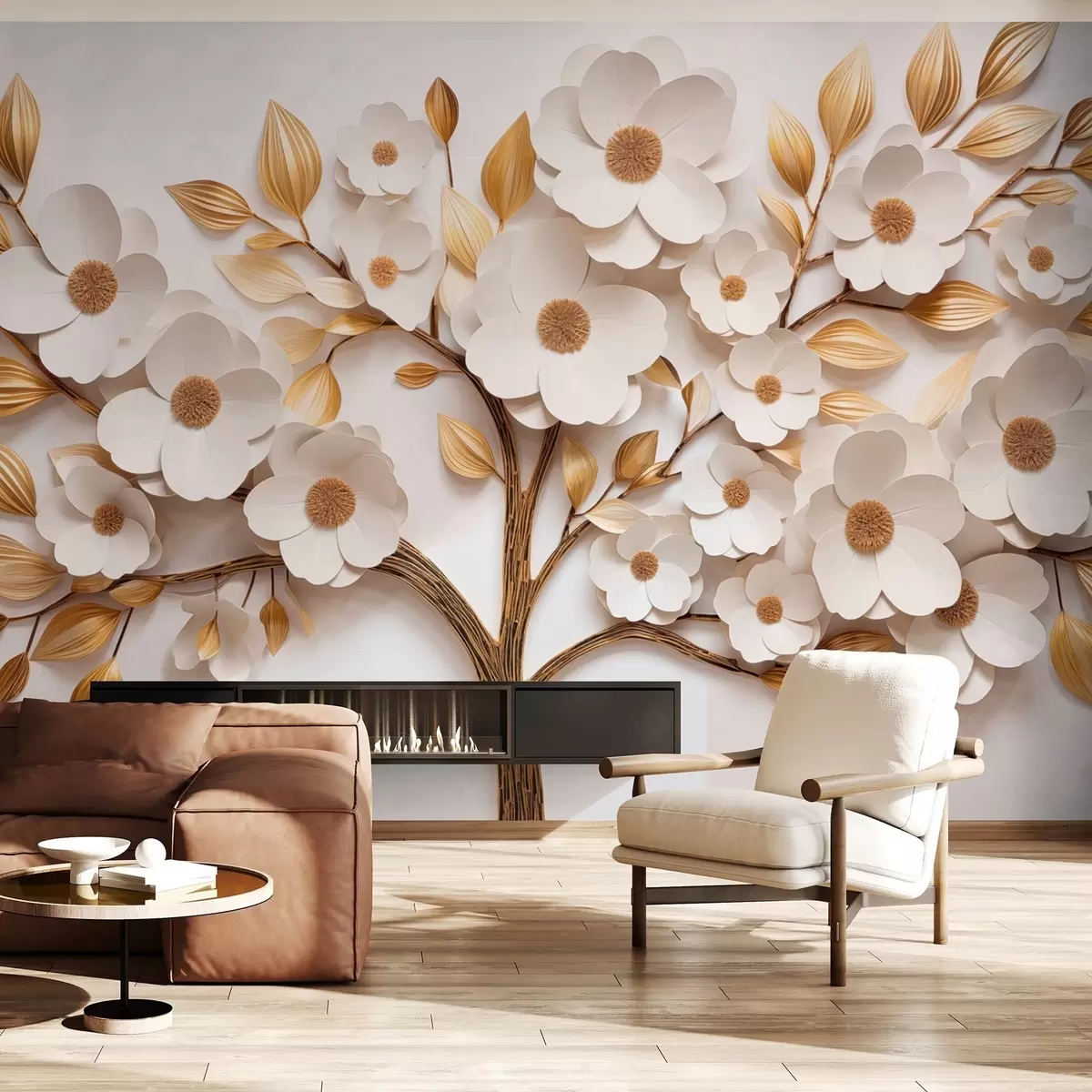 Murale Arbre avec fleurs blanches et imitation de feuilles en relief w09348