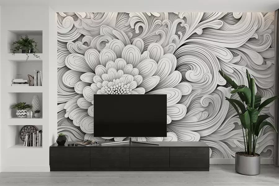 Fototapete Dekoratives schwarz-weißes Muster in Form einer Blume und von Wirbeln w09355