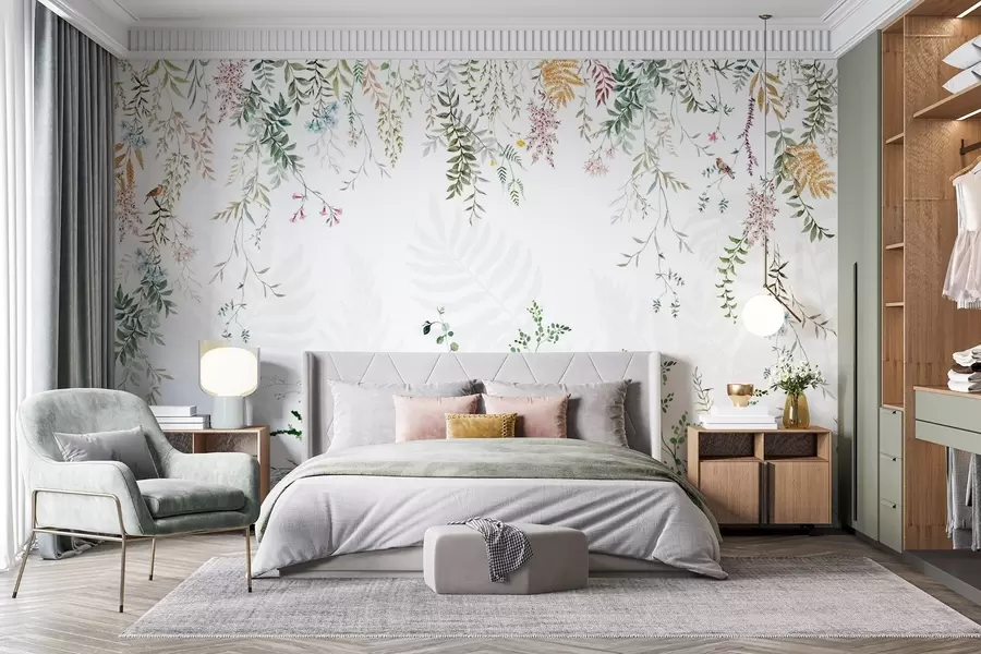 Fototapete Botanische Illustration mit Farnen, Gras und hängenden Pflanzen, Pastelltöne, auf weißem Hintergrund Aquarell strukturierten Stil w09364