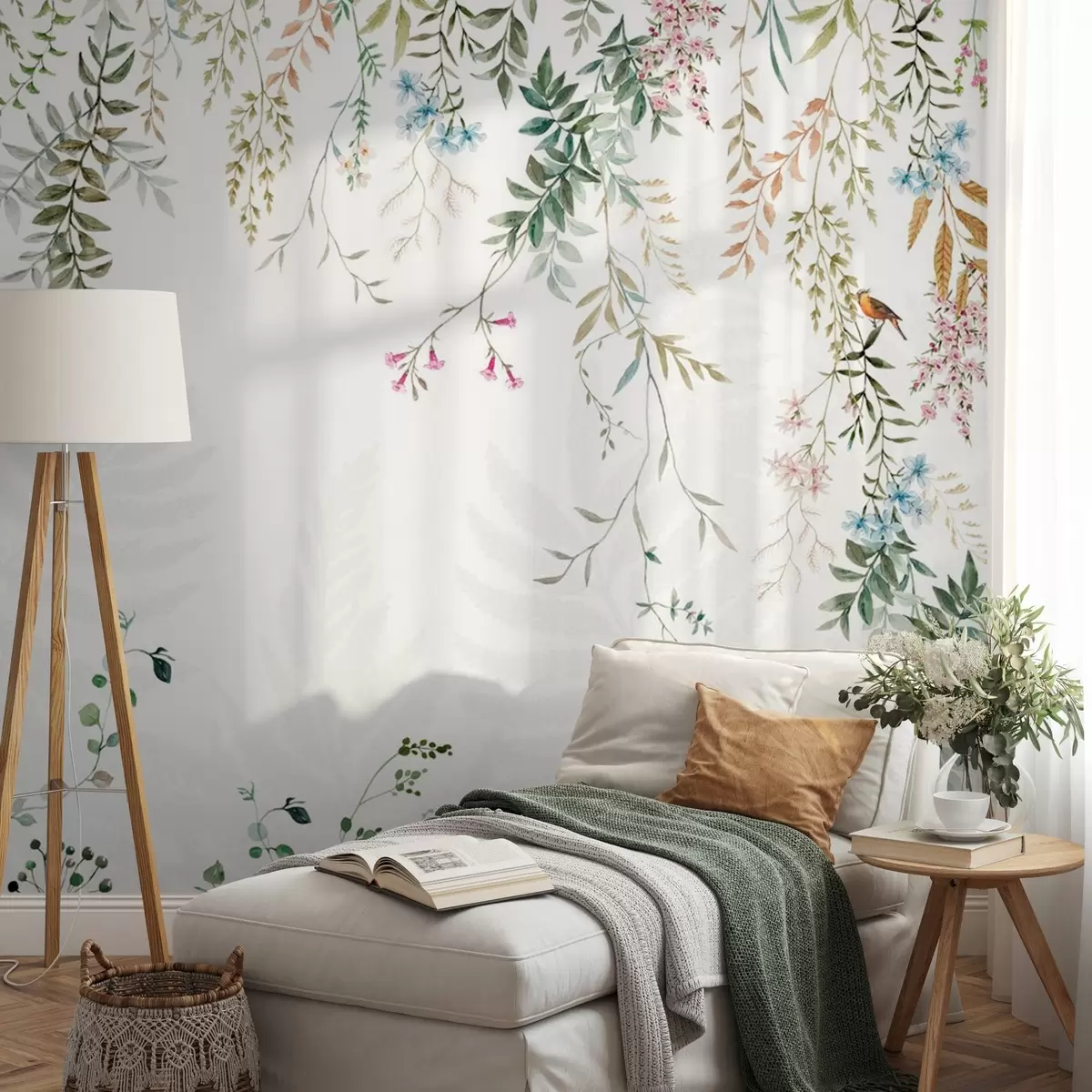 fototapeter Botanisk illustration med bregner, græs og hængende planter, pastelfarver, på hvid baggrund i akvarel-tekstureret stil w09364