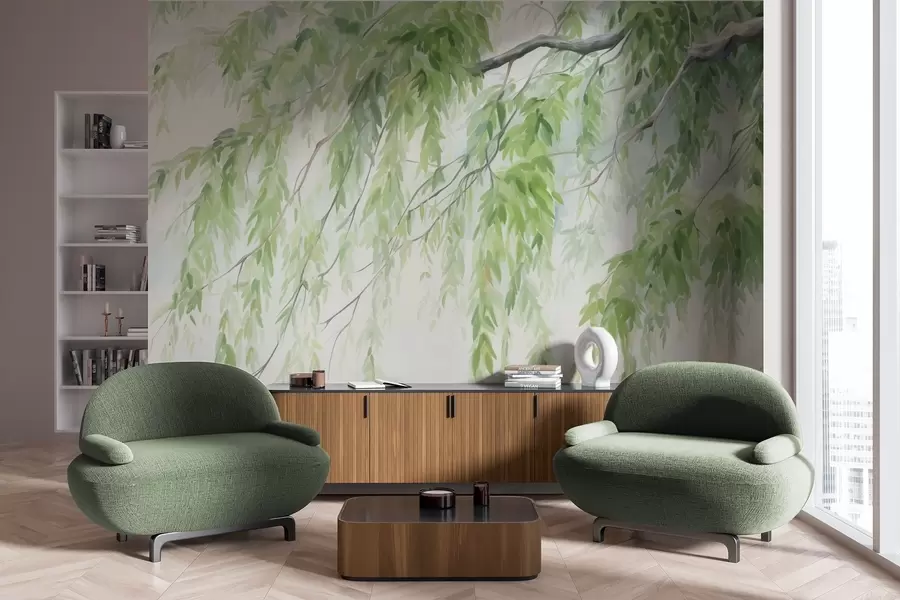 Fototapete Trauerweidenzweige mit herabhängenden grünen Blättern, weiche und zarte Pinselstriche, Aquarellmalstil w09365