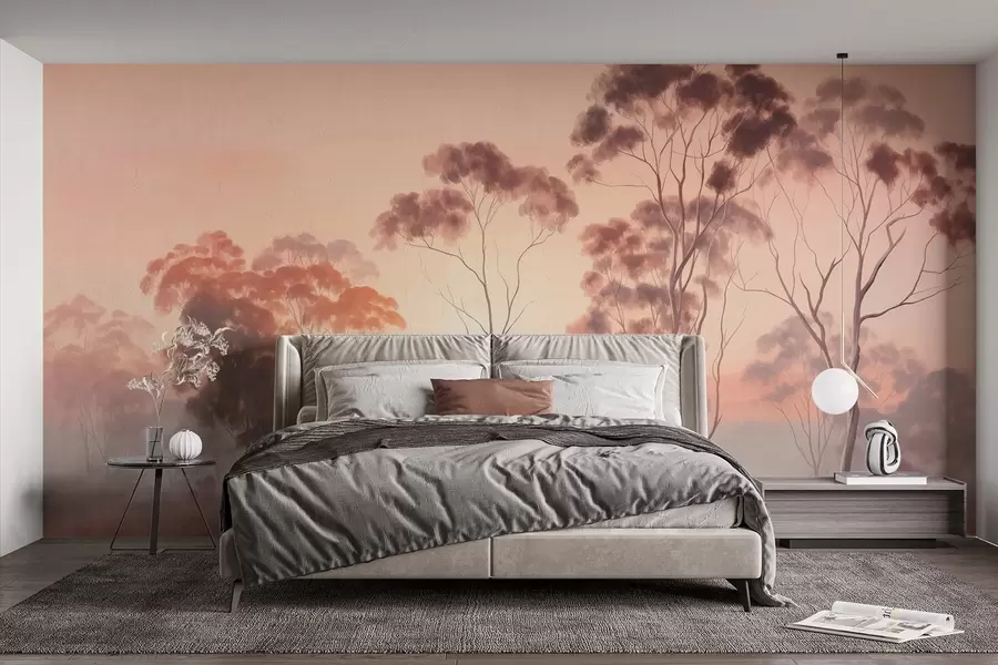 Murale Un paysage avec des eucalyptus dans un champ avec un ciel rose pastel et orange, une légère brume, peinture de style texturé w09367