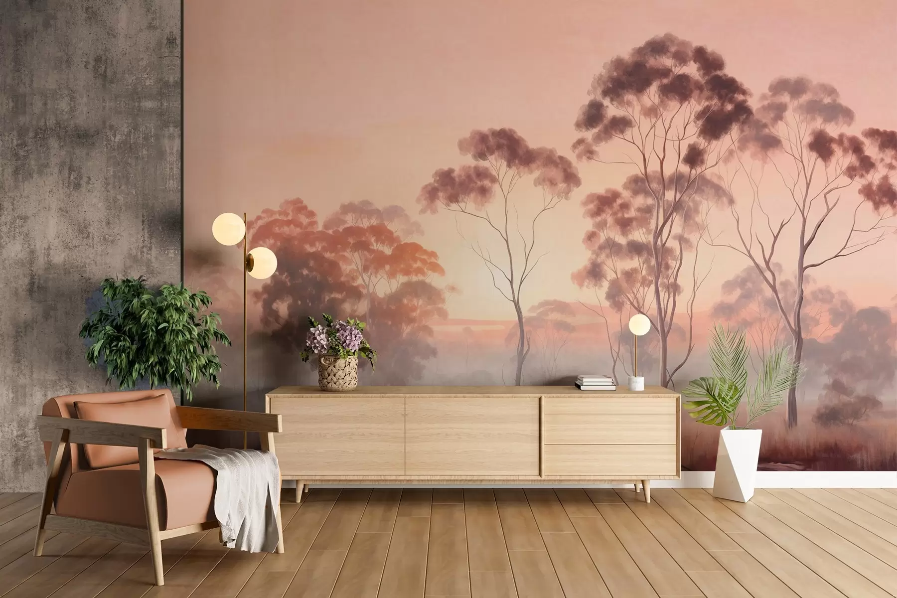 Murale Un paysage avec des eucalyptus dans un champ avec un ciel rose pastel et orange, une légère brume, peinture de style texturé w09367