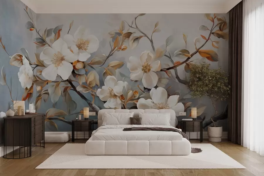 Murale Fleurs blanches avec pistils jaunes sur une branche d'arbre avec des feuilles, fond clair, style peinture vintage, impression texturée w09368