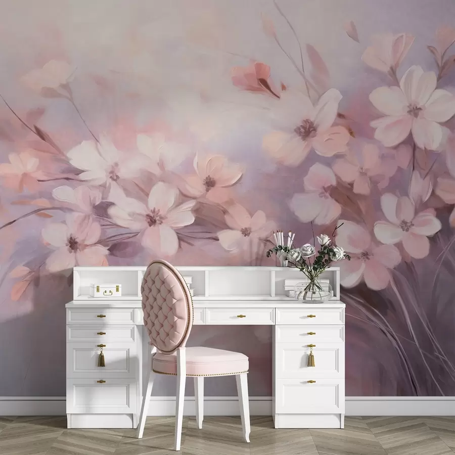 Fototapete Ein Blumenarrangement mit zarten Blumen mit weichen, verschwommenen Rändern vor einem pastellfarbenen Hintergrund aus Lavendel und hellen Rosatönen w09369