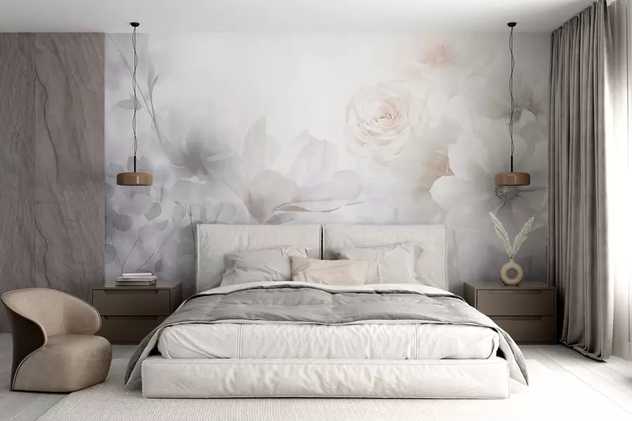fototapeter Et delikat abstrakt blomsterarrangement med pastelrosa roser og magnolier, blødt fokus, lysegrå baggrund w09371