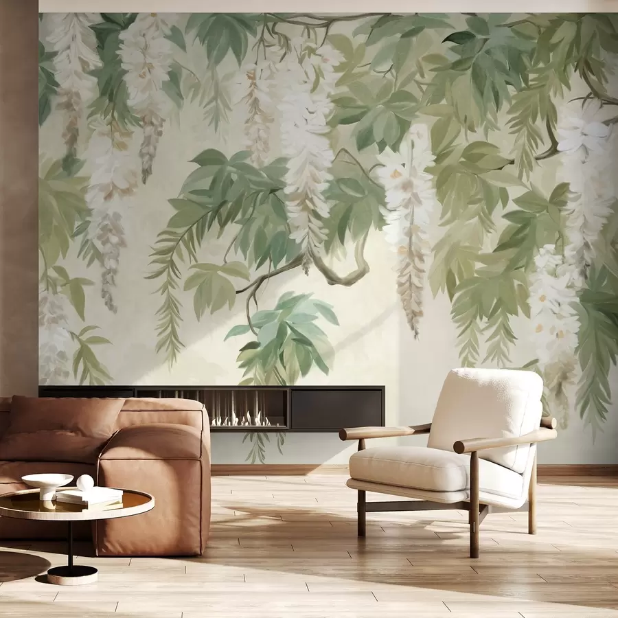 fototapeter Blåregn-grene med hvide blomster og grønne blade, grøn baggrund, tekstureret vintage-maleri w09375