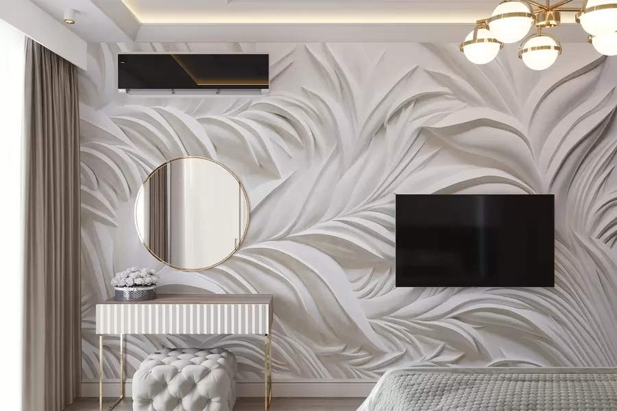 Fototapete Abstrakte, strukturierte weiße Blätter und florale Elemente, minimalistische Ästhetik w09378