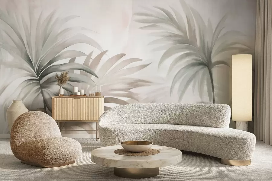 Fototapete Palme strukturierte Blätter in neutralen Farben, beige abstrakten Hintergrund, weiche Pinselstriche, tropischen strukturierten Laub w09380