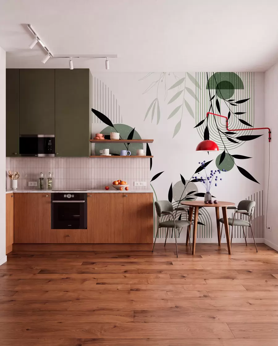 fototapeter Tekstureret abstrakt print med geometriske former, cirkler og buer samt sorte og grønne planter på en hvid baggrund w09384