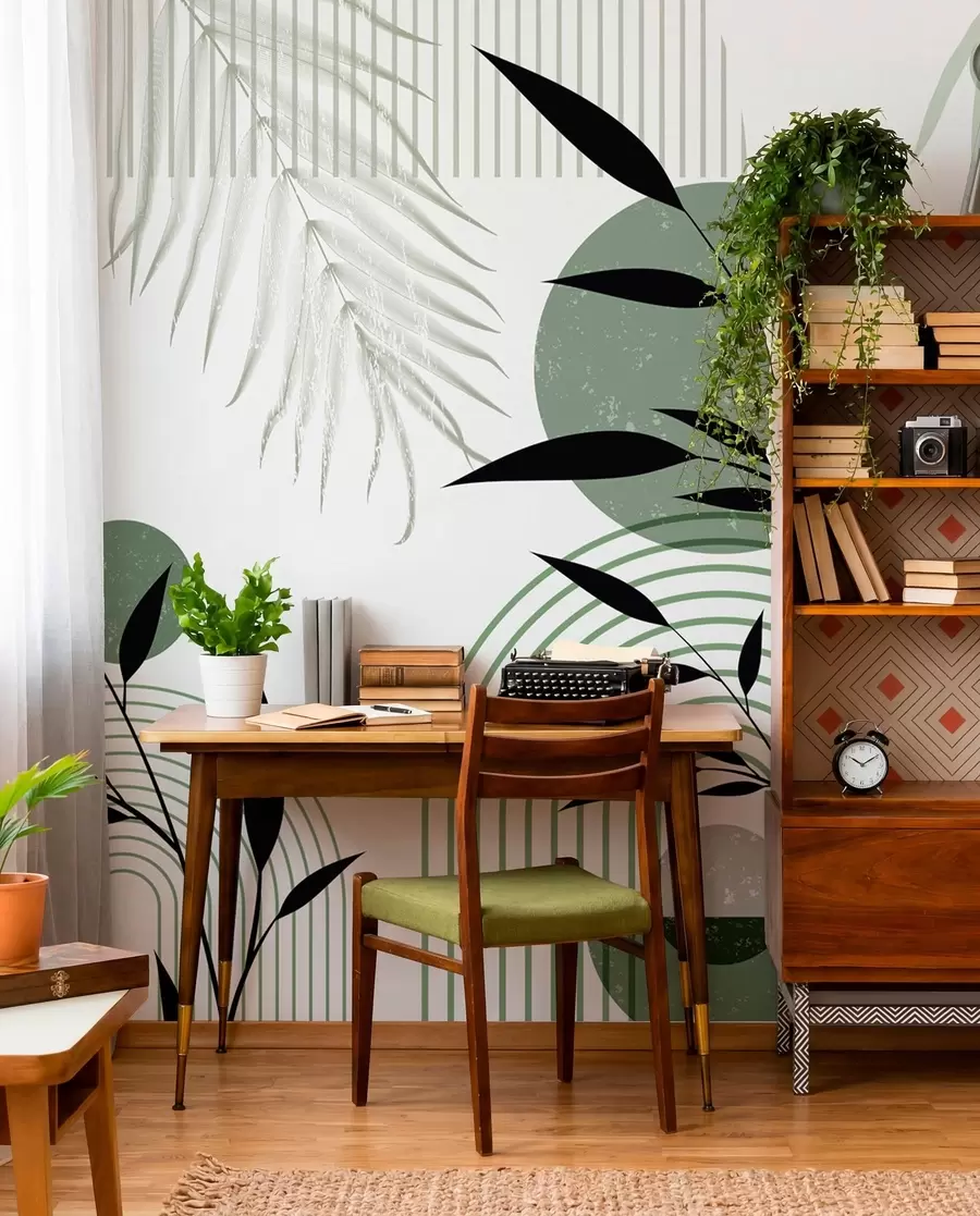 fototapeter Tekstureret abstrakt print med geometriske former, cirkler og buer samt sorte og grønne planter på en hvid baggrund w09384