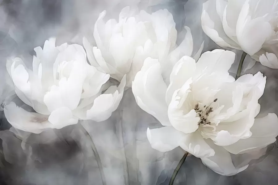 Murale Fleurs blanches sur un fond brumeux et délicat w04441