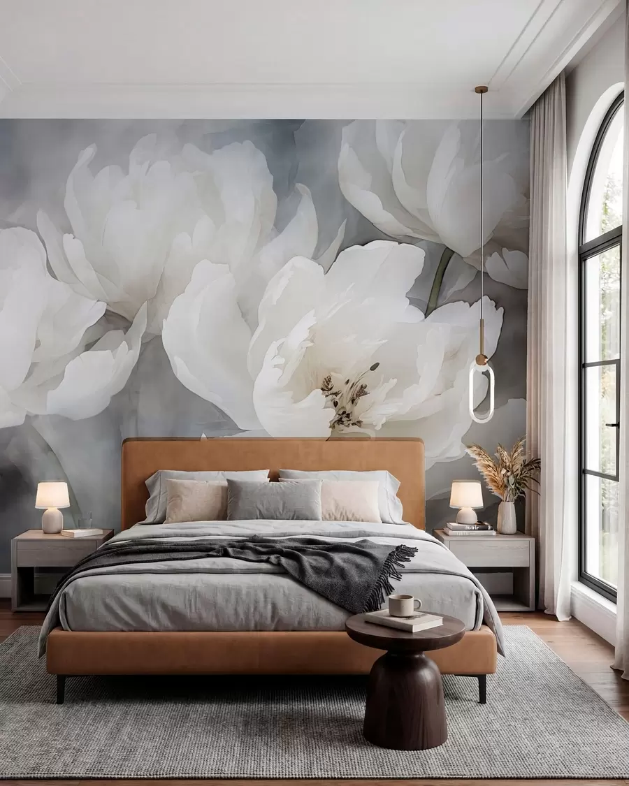 Murale Fleurs blanches sur un fond brumeux et délicat w04441