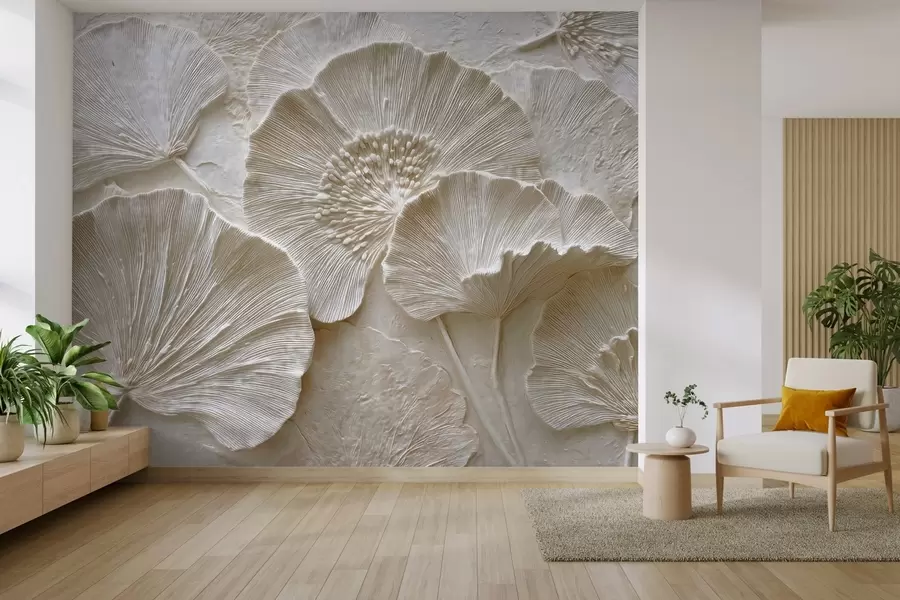 Murale Feuilles de ginkgo volumineuses dans un style légèrement gaufré w04444