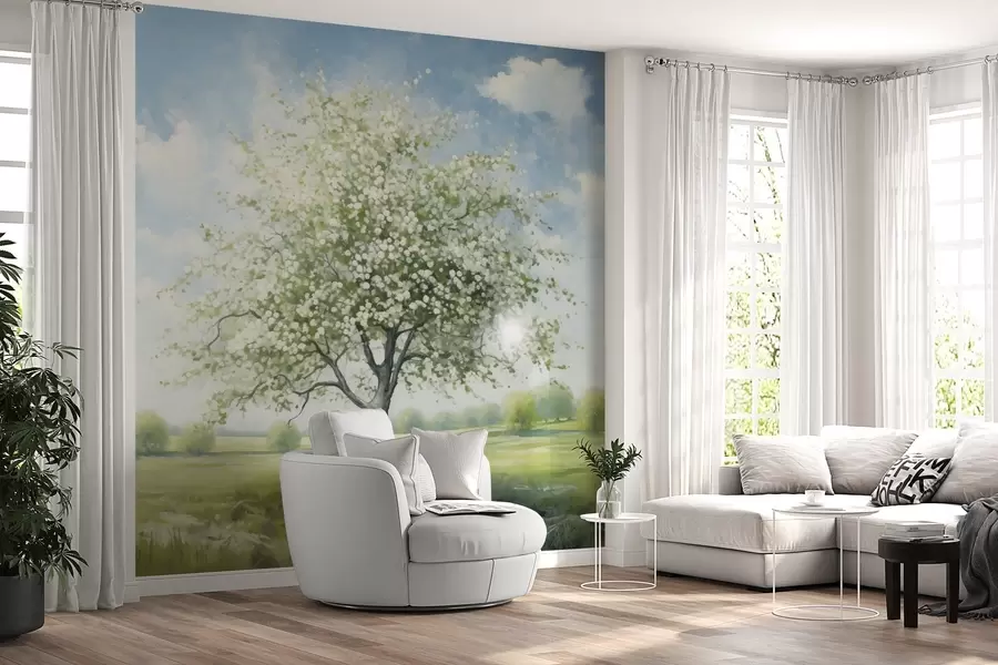 Murale Un arbre solitaire dans un champ de fleurs blanches w04445