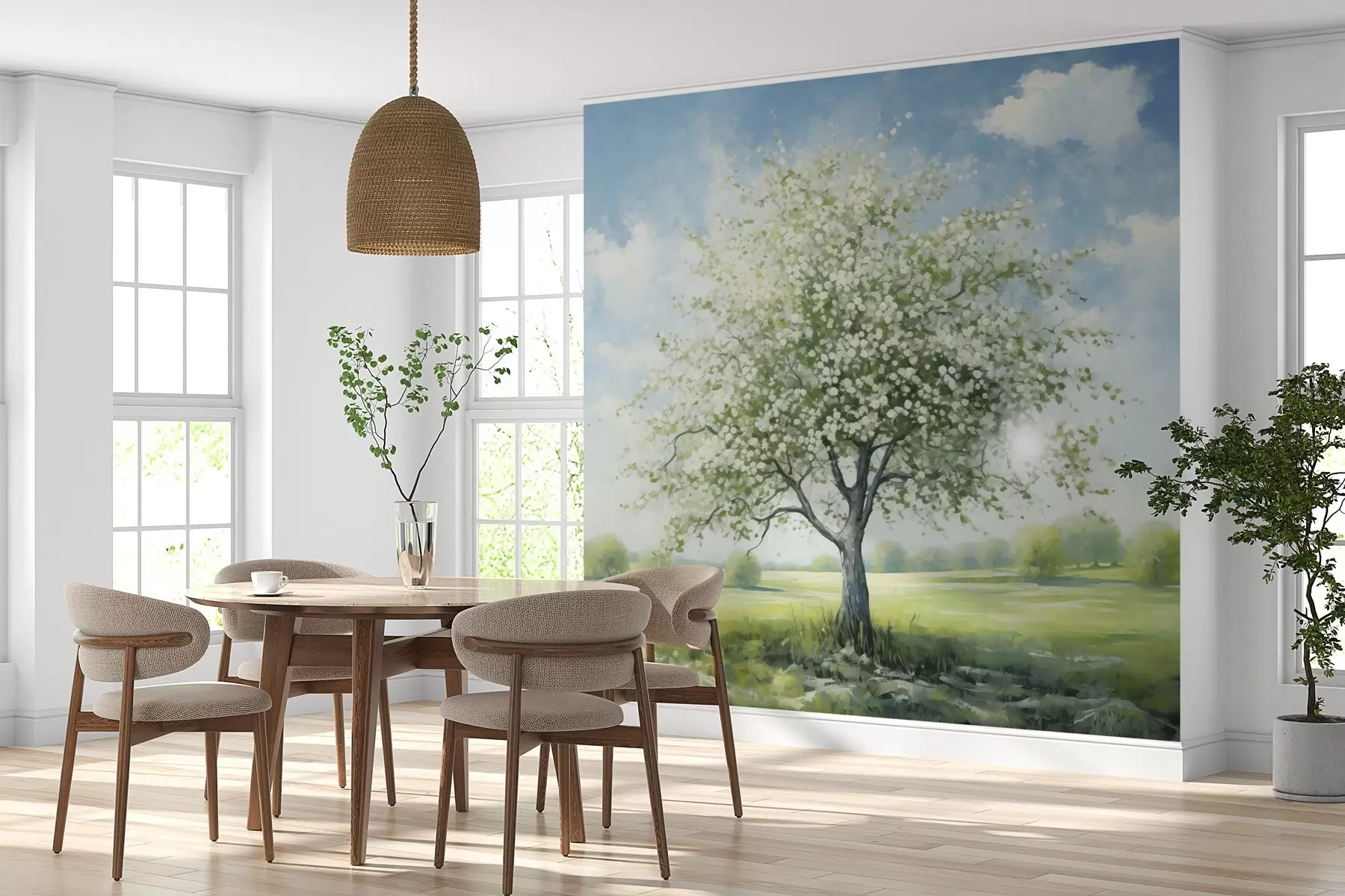 fototapeter Et ensomt træ på en mark med hvide blomster w04445