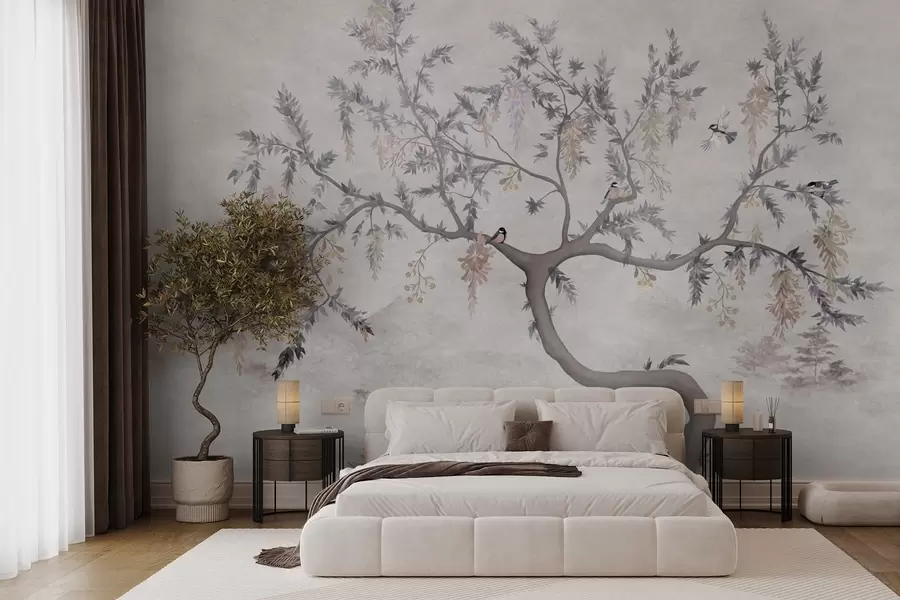 Fototapete Baumzweig mit Vögeln im orientalischen Stil w04456