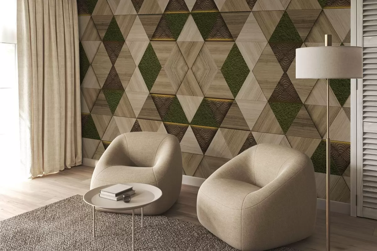 Murale Ornement géométrique en bois avec mousse w04459