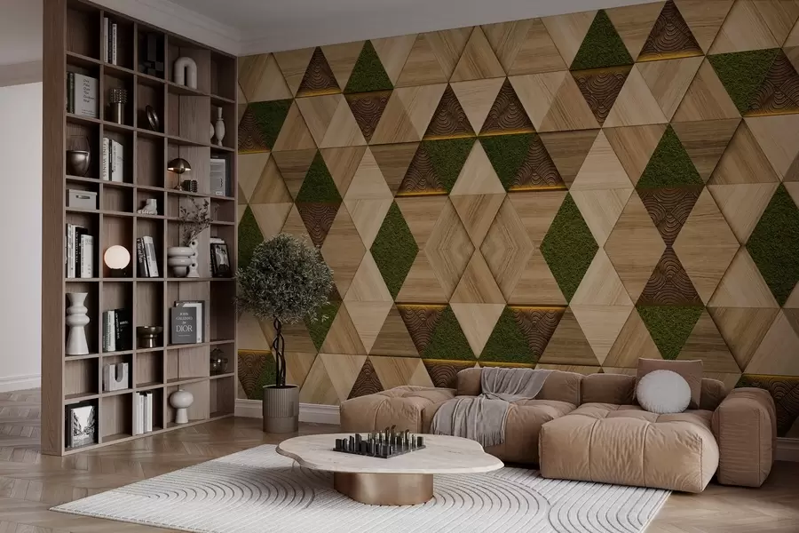 Fototapete Geometrisches Holzornament mit Moos w04459