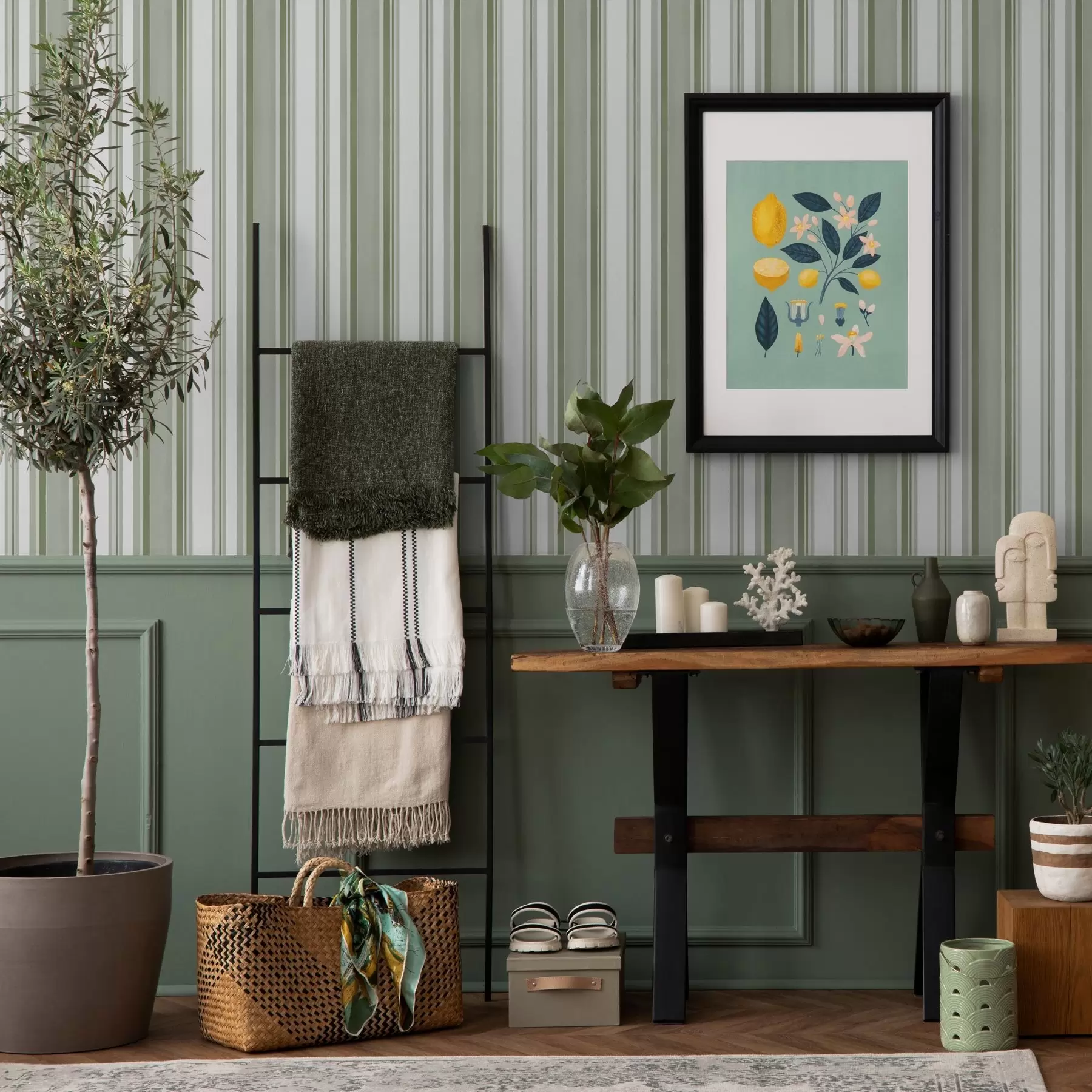 fototapeter Grønne striber med hvide mellemrum og tynde linjer a00526